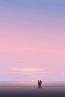 Minimalist seascape with silhouette couple of lover at the beach have twilight sky vertical background graphic illustration. Journey of sweetheart concept. vector