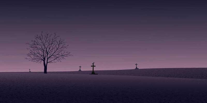 Minimalist graveyard landscape with silhouette dead tree and dusk sky background graphic illustration have blank space.