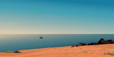 Minimalist seascape view from cliff with silhouette fishing boat followed by seagulls have blue sky background graphic illustration. vector