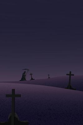 Night at graveyard landscape with Angel of Death vertical background graphic illustration have blank space.