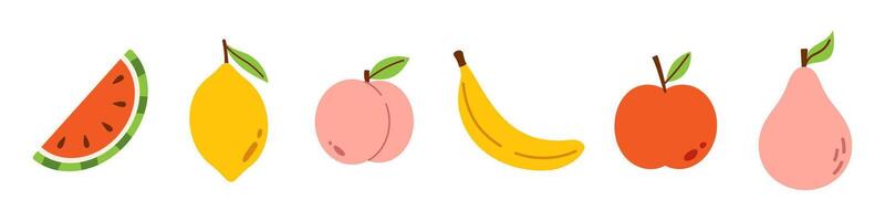 set of fruits. Summer or autumn cute fruits in flat design. Healthy sweet food. Collection of banana, watermelon, lemon, peach, apple and pear. vector