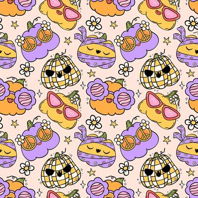 Groovy Retro Halloween seamless Pattern Funky Pumpkins Festive Repeat Background isolated Background