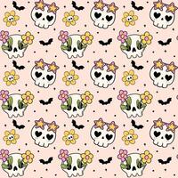 Groovy Retro Halloween Seamless skulls Pattern Lined Doodle Background Funky Design vector