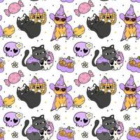 Groovy Retro Halloween Cat Seamless Pattern Lined Doodle Background Funky Design vector