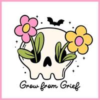 Flowers Grow from Skull in Retro Style Lined Doodle with Grief and Growth Quote vector