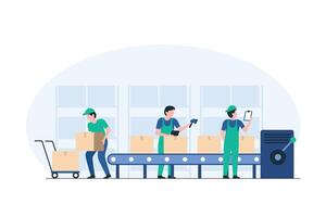 Worker Loading Boxes onto Conveyor Belt, Warehouse Operations, Material Handling, Conveyor Systems, Industrial Automation, Packing Line, Logistics. illustration vector