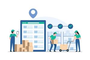 Workers Collaborating in Warehouse Environment. Inventory Specialist Using Tablet for Stock Check. Illustration vector