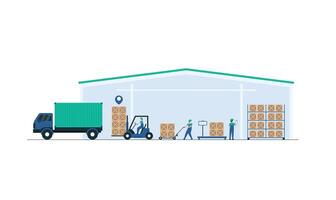 Warehouse Crew Unloading Goods from Trucks. Work process in wholesale distribution and logistic center. Illustration vector