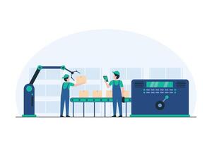 Warehouse Crew Operating Packaging Machine for Efficient Product Handling and Distribution. Automated Packaging, Manufacturing Process, Supply Chain Management. illustration vector