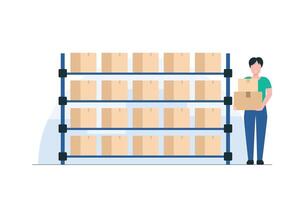 Warehouse Crew Organizing Shelves Systematically. Storage. Shelvings with cardboard boxes stock. illustration vector