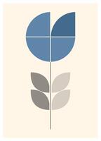Abstract geometric minimalist design. A blue flower with a gray stem and leaves vector