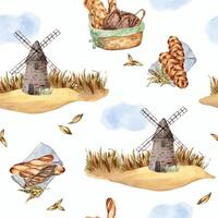 Windmill with various kind bread in watercolor seamless pattern isolated on white background. Rustic landscape with rye for bakery in sketch style hand drawn. Design for package, wrapping paper. vector