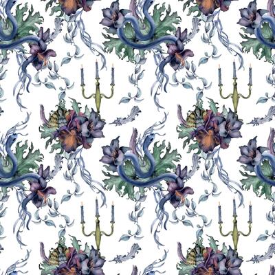 Gothic floral seamless pattern with snake isolated on white. Flower purple iris and black lily watercolor. Botanical art decoration for black wedding, mystical party. For invitation, Valentine card.