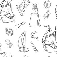 Ship, lighthouse and map seamless pattern monochrome isolated. Black and white graphic hand drawn repeating design of adventure nautical style. Childish marine design by ink outline. vector