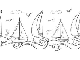 Ships sailing boat yacht graphic seamless banner. Various water transport on repeating texture of curly waves black and white outline. Sailing ships birds fish endless monochrome background vector