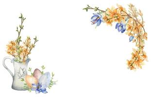 Easter banner with watercolor spring yellow flowers in jug isolated on white. Frame of blossom branch with Easter eggs. Crocus and forsythia blooming hand drawn. For greeting card, package, label vector