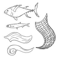 Tuna and anchovy black and white illustration isolated. Big and small sea fishes hand drawn ink silhouette. Set of sea waves and fishing net contour. Seafood set in line art for package. vector