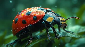 Red ladybug on a green leaf with dew drops close up photo