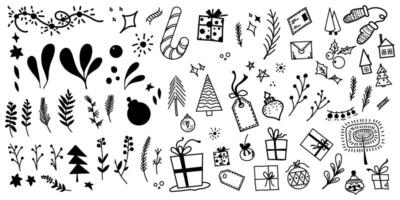 Christmas design elements in the form of a solid black and white line, a Christmas tree, a gift box. The concept of the holiday. New Year. vector