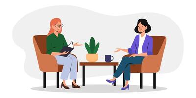 Discussion between two people in a cozy setting with plants and a coffee mug vector