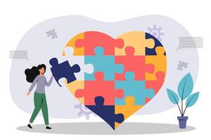 A woman completing a colorful heart-shaped puzzle in a cozy indoor setting vector