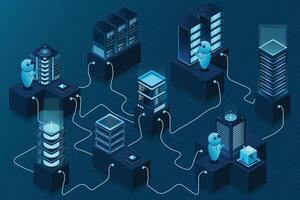 3d isometric concept big data center with server. Cloud computing. Network mainframe infrastructure. Isometric high technology concept vector