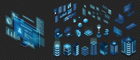 Set of isometric computer technology. Isometric set server equipment. Technology isometric icons. Digital technology items. illustration vector
