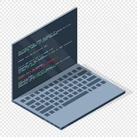 Isometric laptop with program code on screen. Programming concept. Web development. illustration vector