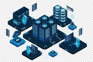 Isometric data center or server room. Data center connection network. Cloud storage. Isometric high technology concept. illustration vector