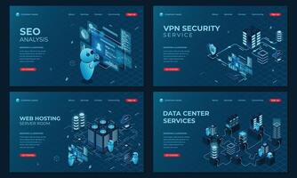 Set of isometric landing page templates. Modern technology concept for seo analysis, web hosting technology, and datacenter with server vector