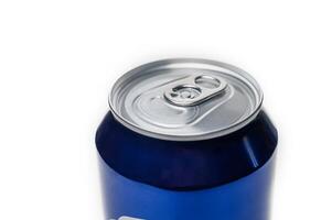 Detail shot from above of the spout of an aluminum can on a white background and selective focus. photo