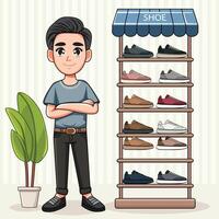 The customer is standing in front of a collection of stylish footwear within the store vector