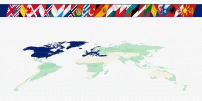 Map of the world with the members of the North Atlantic Alliance. A set of flags of the Alliance members with a fluttering effect. vector