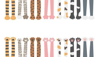 Cat paws from a top view and a bottom view. A set with cute cat palms in tabby, sphynx, spotted tricolor, gray, black, striped patterns. Kitten paw pads. For cards, stickers, shelter, background vector