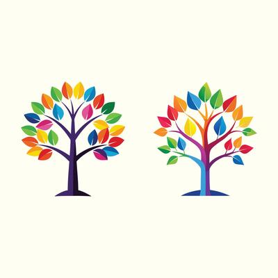 Colorful Trees icons in Bright Rainbow Various Colors Leafs Set