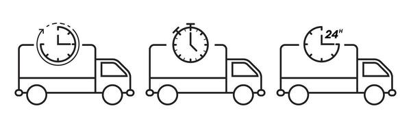 Set of three line art icons featuring a delivery truck with clock symbols representing timely delivery and express shipping services vector