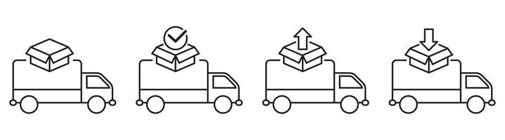 Icons of delivery trucks with different symbols like fragile boxes, upward and downward arrows, illustrating diverse delivery options vector
