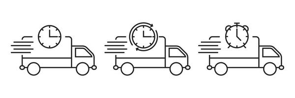 Three icons of fast-moving delivery trucks with various time elements, suitable for illustrating urgent and express shipping solutions vector