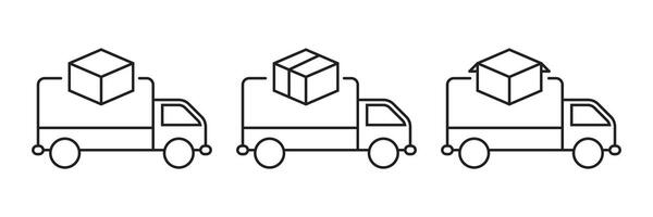 A collection of three icons depicting a delivery truck carrying a parcel, illustrating standard, secure, and open delivery services vector