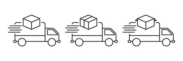 Icons of delivery trucks with motion lines and boxes, perfect for representing express, quick, and speedy delivery services vector