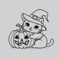 Minimal line art Cute cat with a witch hat hugging a Halloween pumpkin, kawaii Cat vector