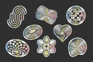 Holographic sticker with geometric wireframe shapes. Holographic stickers with 3D abstract pattern, cyberpunk elements in trendy psychedelic style. Y2k. Shimmering shiny texture stickers. Isolated vector