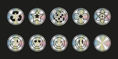 Holographic sticker. Holographic stickers with round shape pattern. Shimmering shiny textured stickers depicting emotions. Isolated set vector