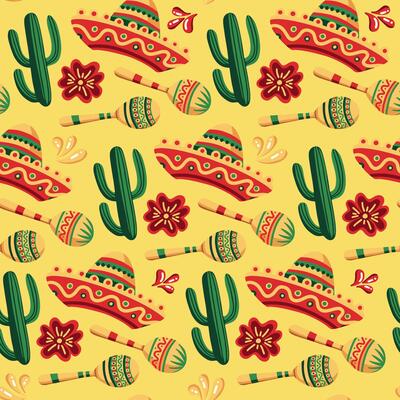 Mexican Cinco de Mayo Holiday Seamless Pattern with Sombrero Hats and Cactus. Latin Ethnic Festive Background