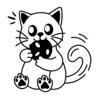 A cat eating cookie icon in doodle style vector
