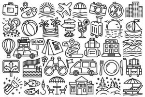 Line art simple travel icon set. Collection of minimal outline illustrations of travel, vacation, journey, summer, beach, traveling items, objects and more vector