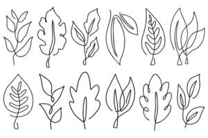 Line art leaves set with single line. Outline different leaves collection, drawn with one continuous thin line. vector