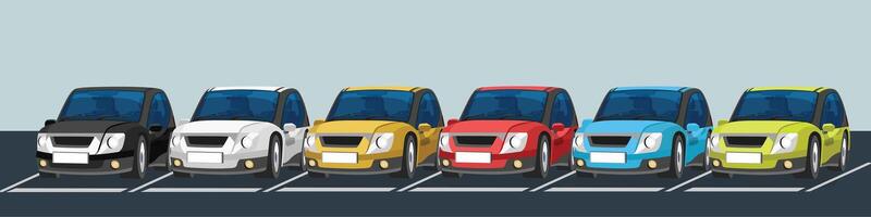 Horizontal of car lined-up line of new cars in a variety of colors to choose from color. Shop for new compact cars. Parked on an asphalt area with dividing lines against a light blue background. vector