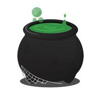Large cauldron containing a poisonous green potion entwined with cobwebs art illustration perfect for horror and Halloween design themes editable asset template vector