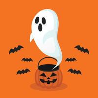 Ghost comes out of a jack o lantern pumpkin surrounded by bat in cute art illustration perfect for horror and Halloween design themes editable asset template vector